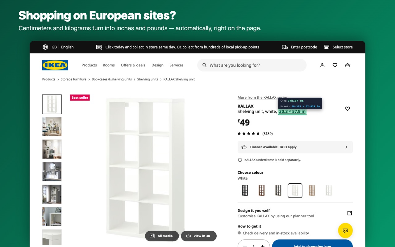 Furniture sizes in centimeters converted to inches on a store page